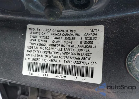 2017 Honda Civic Ex-T from USA, damaged, VIN 2HGFC1F33HH655433